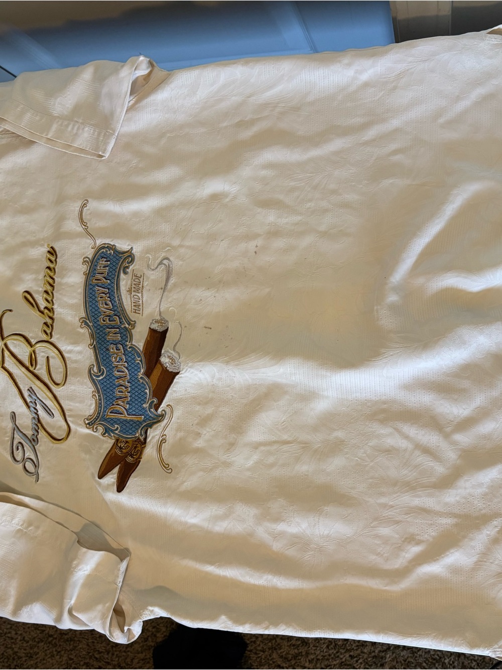 Tommy Bahama White Short-Sleeve Shirt with Embroidered Logo and Blue Banner